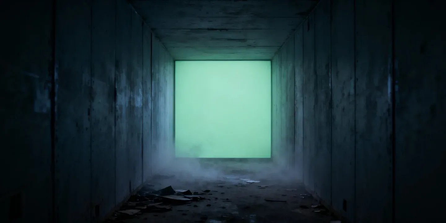 Ein verlassener Wartungsgang der Raumstation, am Ende eine gangfüllende, fahlgrün leuchtende Wand aus Licht — das Scrubber-Feld, das den Kampfbereich bei jeder Kontraktion sauber leckt; davor Schutt und tief hängender Nebel