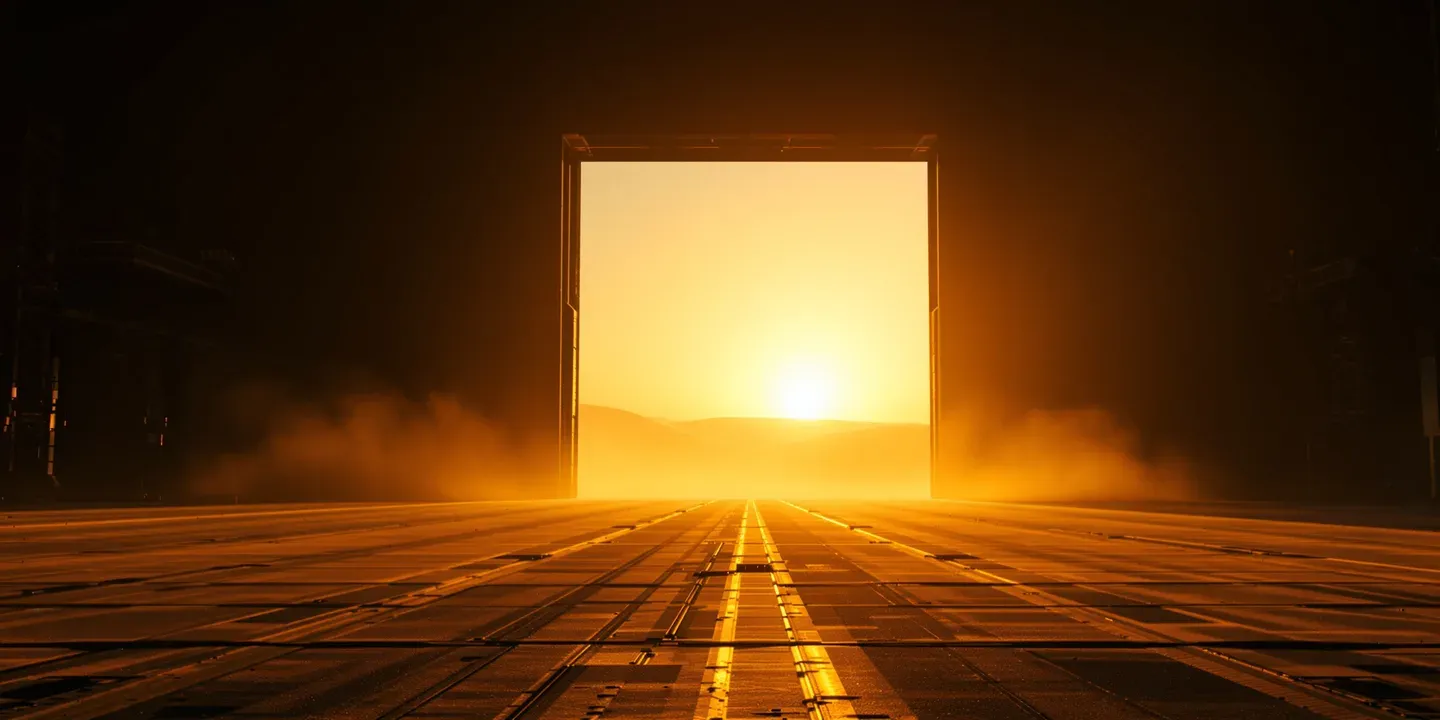 Blick aus dem dunklen Inneren des leeren Hangars durch das aufgehende Tor hinaus auf die tiefstehende Abendsonne über der Wüste; gelber Sand strömt über den Boden herein — die Schwelle, bevor es auf den Planeten geht