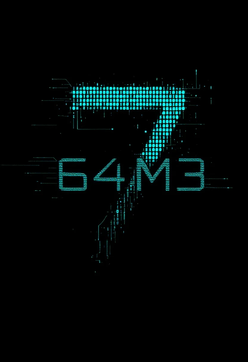 7 64M3 — Cover: glitchende Pixel-Typografie in Cyan auf Schwarz